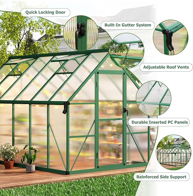 CABIHOME 8x12 FT Outdoor Greenhouse Polycarbonate Greenhouse with Roof Vent and Ground Nails Aluminum Large Walk-in Green House w/ Lockable Push Door for Outside Garden Backyard (Green 8x12 FT)