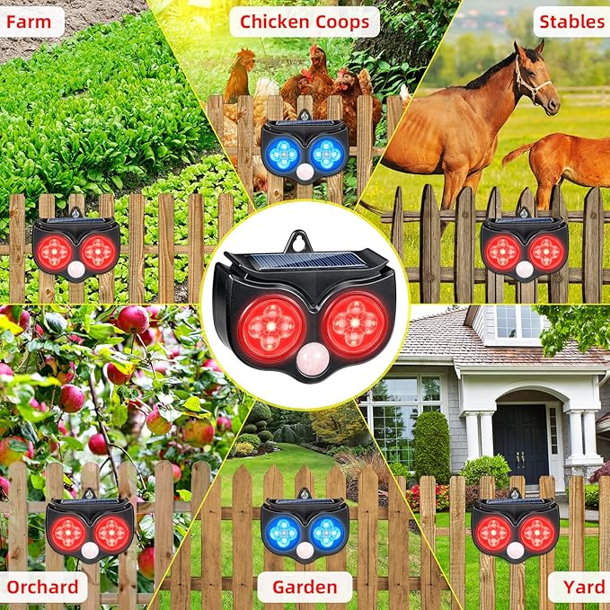 2026 Upgraded Predator Deterrent Lights 4-Pack Solar Nocturnal Animal Repeller Outdoor for Chicken Coop &amp Garden Red &amp Blue Flashing LED Predator Deterrent for Bear Bird Coyote Fox Racco
