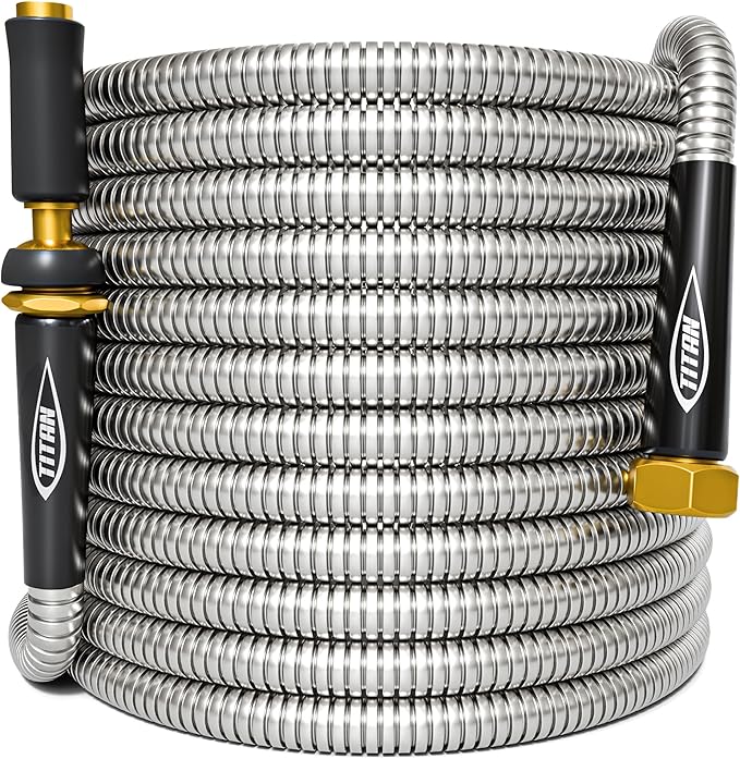 TITAN Garden Hose 75FT - 304 Stainless Steel Metal Water Hose Flexible Kink-Free Lightweight Durable Crush Resistant Fittings Easy to Coil 500 PSI