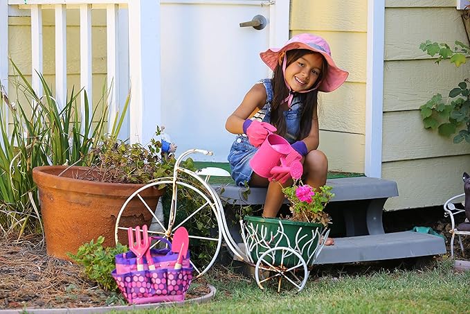 Kids Gardening Tool Set with Matching Sun Hat (Pink)