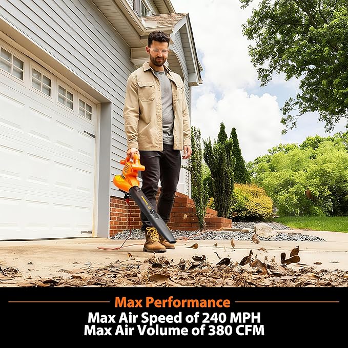LawnMaster BV1210 Electric Blower Vacuum Mulcher 12 Amp 2-Speed Adjustment with Metal Impeller 240 MPH 380 CFM 16:1 Mulch Ratio with Collection Bag
