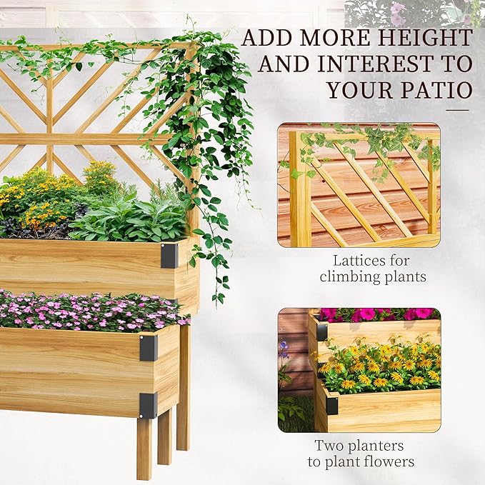 Outsunny Raised Garden Bed with Trellis 2 Tier Wooden Elevated Planter Box with Legs and Metal Corners for Vegetables Flowers Herbs Natural