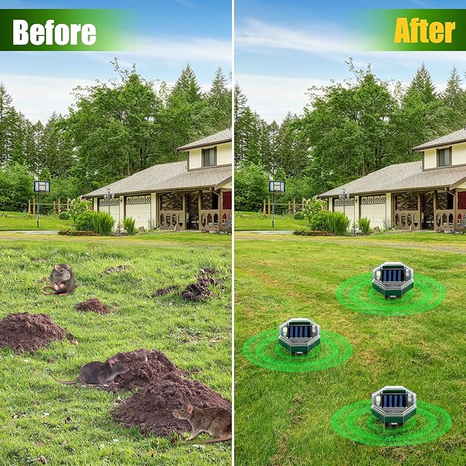 Mole Repellent Solar Powered Gopher Snake Repellent for Yard Lawn Garden IP65 Waterproof Ultrasonic Deterrent Stakes Get Rid for Vole Groundhog Squirrel Rat Mice Rodent Skunk Repellent 8 Pack