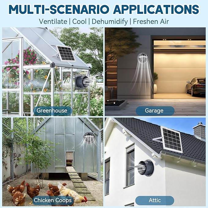 Solar Powered Exhaust Fan 25W Solar Panel+8 High Speed Solar Powered Fans Solar Exhaust Intake Fan Kit with Bracket Anti-backflow Valve Power Adapter Vent Fan for Shed Greenhouse Attic