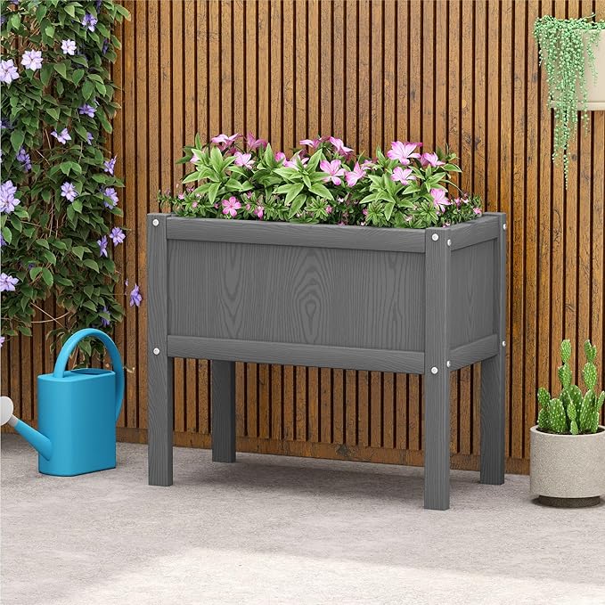 HDPE Raised Garden Bed with Legs All-Weather Outdoor Planter Box Easy to Assemble Drainage System Low Maintenance Non-Fading for Flower/Herb/Seed (Grey)