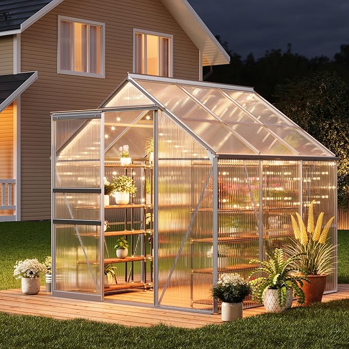 GarveeHome 6x6 FT Walk-in Greenhouse Large Polycarbonate Green House with Sliding Door &amp Adjustable Roof Vent Heavy-Duty Weatherproof Outdoor Greenhouse for Patio Backyard Garden