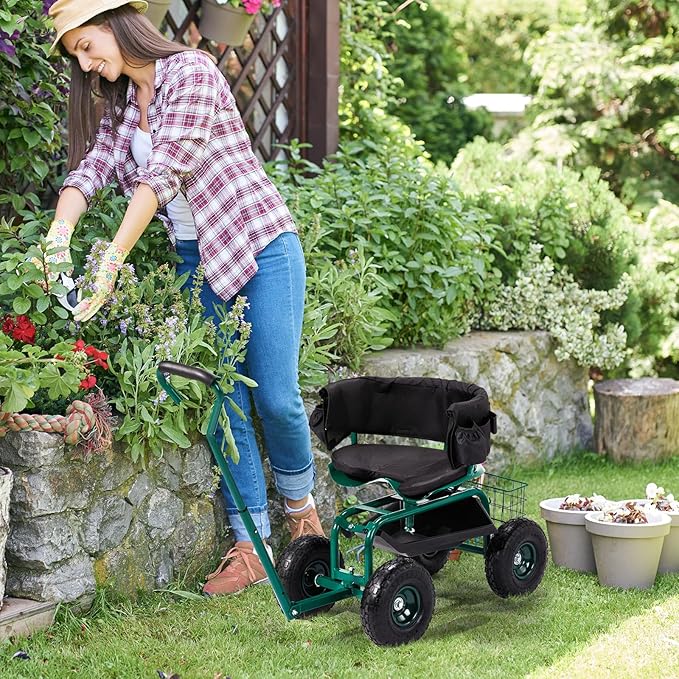 Outvita Garden Cart Outdoor Rolling Garden Scooter W/Adjustable 360 Degree Swivel Seat Extendable Handle Tool Tray &amp Storage Basket Gardening Stool for Planting(Green)