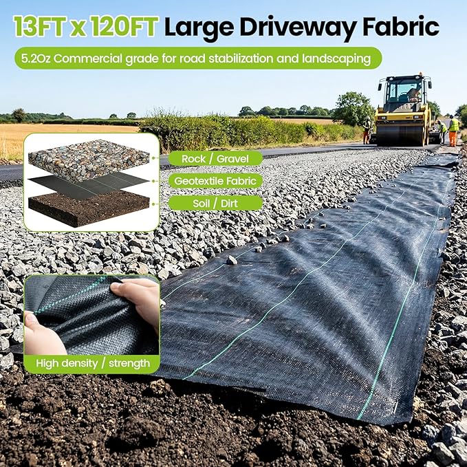13x120ft Driveway Fabric 5.2OZ Commercial Weed Barrier Fabric Heavy Duty Landscape Fabric Weed Fabric Weed Blocker Fabric for Garden Weed Barrier Road Fabric Construction Project Erosion Control