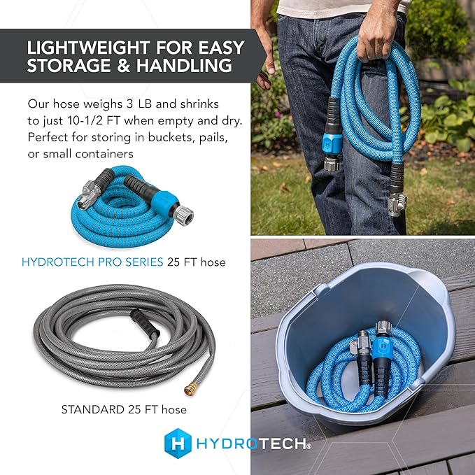 HydroTech 25 ft Expandable Garden Hose - Pro Series 2x Max Flow 3/4 No-Kink Flexibility Lightweight Hose for Lawn Garden Car Washing Deck and Patio Cleaning