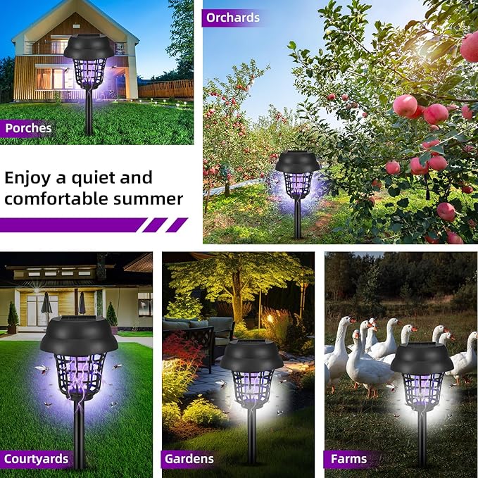 4 Pack Solar Bug Zapper Outdoor Waterproof Solar Powered Mosquito Zapper &amp Killer for Gnats Flies Moths Fruit Flies Decorative Ground Stake Light for Garden Patio Backyard Auto ON/Off