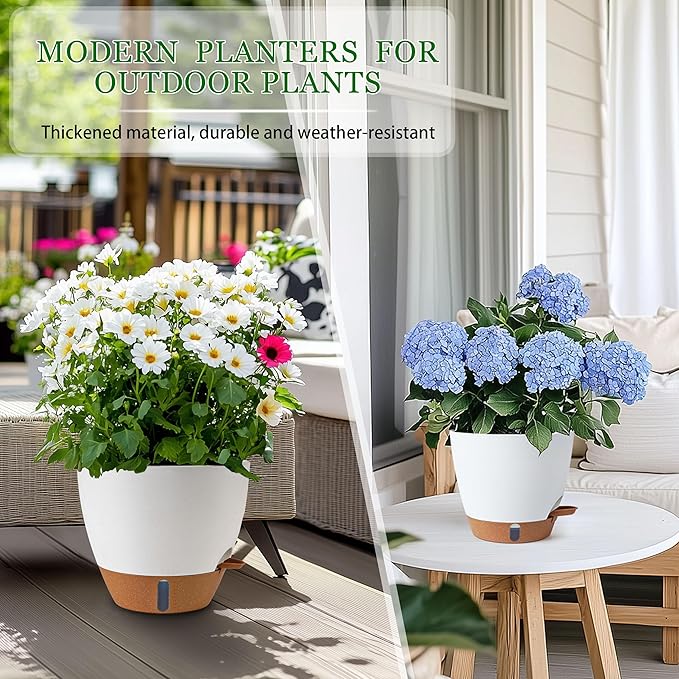 Self Watering Pots for Inoor Ourdoor Plants 10/9/8/7/6.5 Inch Plastic Planters with Drainage Holes &amp Water Level Indicator Decorative House Flower Nursery Planting Pots with Saucers ((White)