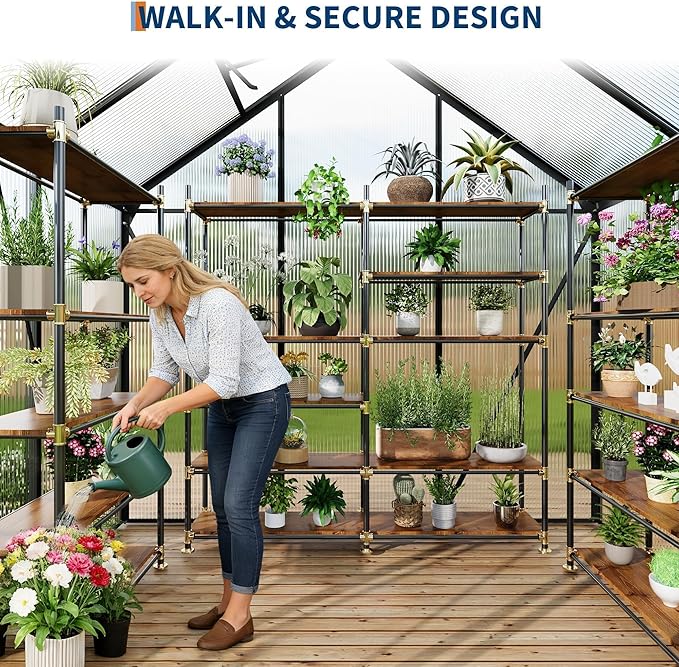 6x4FT Greenhouse for Outdoors Walk-in Polycarbonate Greenhouse with Sliding Door Adjustable Roof Vent &amp Gutter System Portable Outdoor Green House Kit for Winter Gardening
