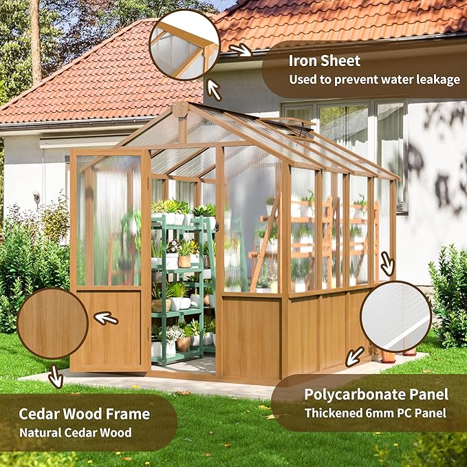 6x8 FT Wooden Greenhouse with Cedar Frame Walk-in Heavy Duty Green House for Outdoors with 6MM Thick Polycarbonate Panel and Adjustable Roof Vents Garden Backyard Patio Lawn Wood Colour