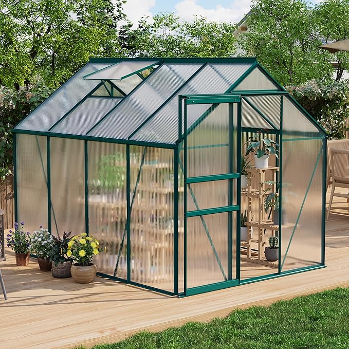 CABIHOME 6 x 6 FT Greenhouses for Outside Polycarbonate Greenhouse with Aluminum Frame Sliding Door Adjustable Roof Vent Backyard Green Houses Patio Garden Black (Green 6x8 FT)