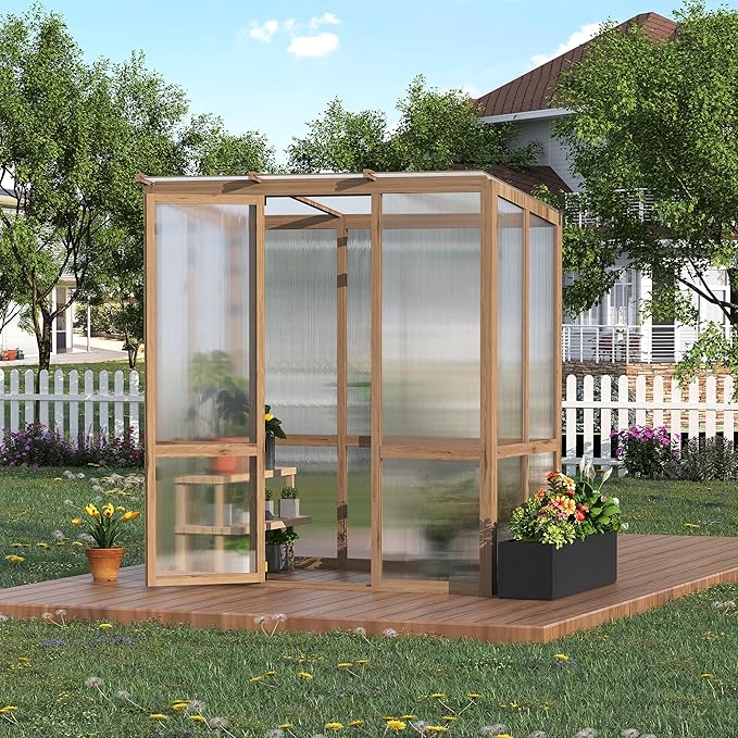 4x6FT Wooden Greenhouse with Cedar Frame Outdoor Wood Greenhouses with Roof Vent Wood and Polycarbonate Walk-in Greenhouse