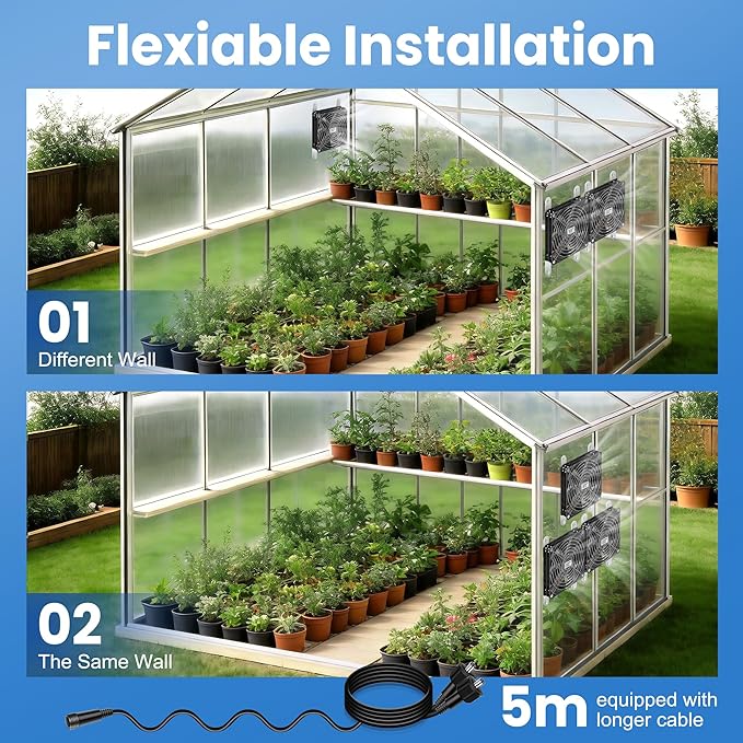 Solar Exhaust Fan for Greenhouse with Battery and Adjustable Thermostat Solar Powered Fan with 2PCS 20W Bifacial Solar Panel &amp Triple 5.5 Fans Kits