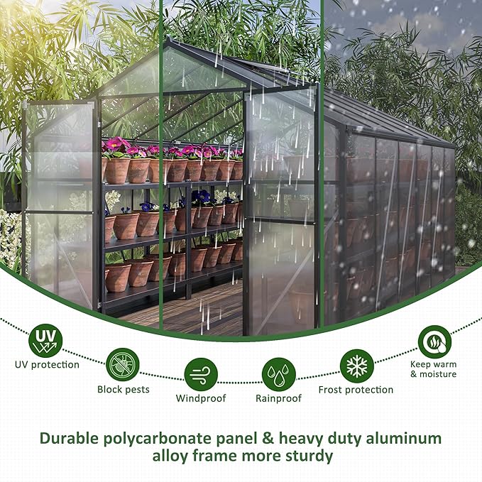 Heavy Duty Aluminum Greenhouse for Outdoor Winter Walk-in Polycarbonate Garden Greenhouse Kit with Base Adjustment Roof Vent Sliding Door Rain Gutter 2 Gloves Free Assembly Tools (8x12)