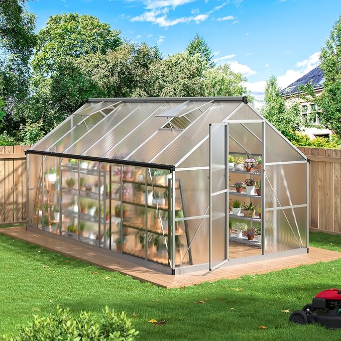 WKM Greenhouse for Outdoors - 8x14 FT Quick-fit Structure with Window for Ventilation Polycarbonate Aluminum Frame Silver