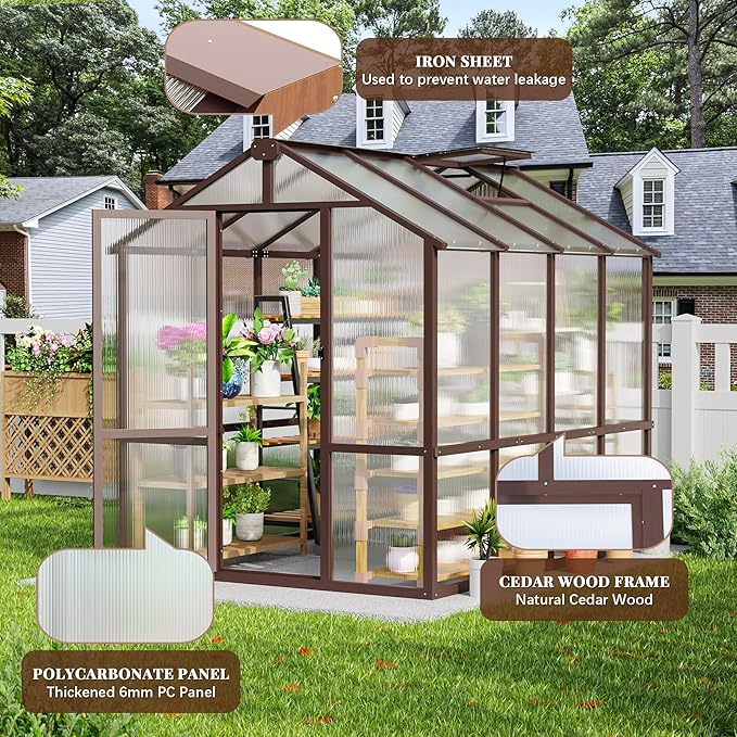 6x8 FT Wooden Greenhouse with Cedar Frame Walk-in Heavy Duty Green House for Outdoors with 6MM Thick Polycarbonate Panel and Adjustable Roof Vents Garden Backyard Patio Lawn Brown
