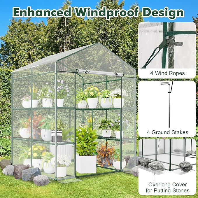 Happygrill Greenhouse Portable Greenhouses for Outdoors w/8 Shelves Roll-Up Zippered Door 2 Observation Windows &amp 2 Tiers Weather-Proof PE Cover Wind Rope (Transparent 55” x 57” x 77”)