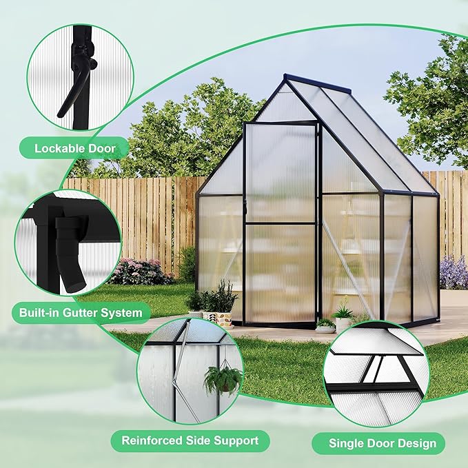 6x4 ft Greenhouse Aluminum-Framed Greenhouse for Outdoors Large Walk-in Green House with Quick Setup Structure and Roof Vent for Outside Garden Backyard Patio Lawn Silver