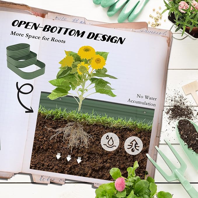 3-Tier Galvanized Steel Raised Garden Bed Kit 62.25 x 43 x 32.25 3 Combining Planter Boxes with Rubber Strip Edging Open Bottom for Backyard Garden Patio Green