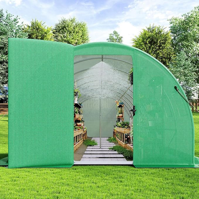 AMERLIFE 30×10 FT Tunnel Greenhouse with Built-in Sprinkler System Walk-in Greenhouse for Backyard Gardening Heavy Duty Galvanized Steel Frame &amp Waterproof PE Cover Green
