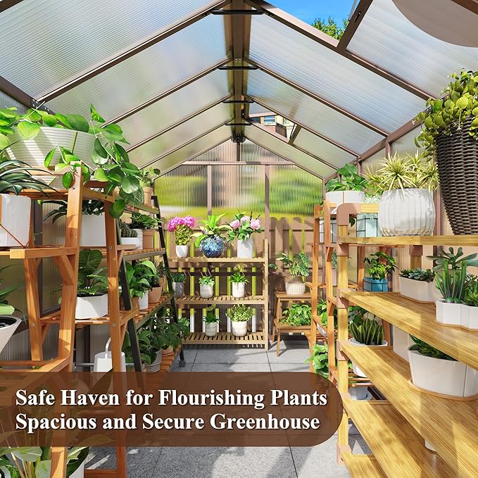 6x12 FT Wooden Greenhouse with Cedar Frame Walk-in Heavy Duty Green House for Outdoors with 6MM Thick Polycarbonate Panel and Adjustable Roof Vents Garden Backyard Patio Lawn Brown