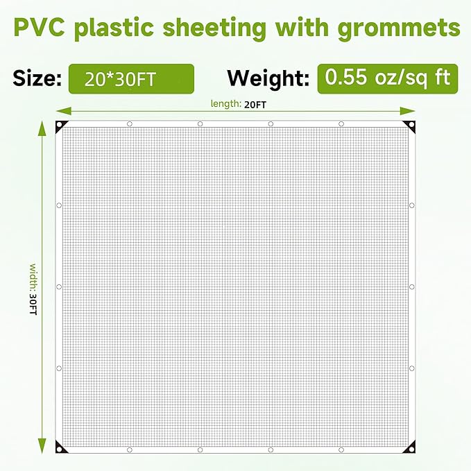 Greenhouse CoverClear Greenhouse Plastic Covering 16Mil Thickness Heavy Duty Clear tarp for Chicken coopGardeningFarming Greenhouse Plastic sheeting with Grommets (White 20ft*30ft)