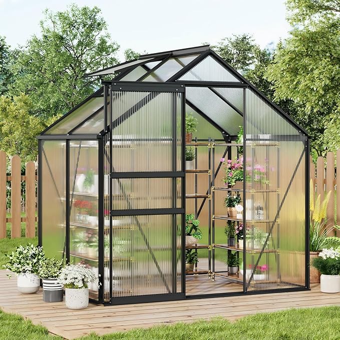 6x4FT Greenhouse for Outdoors Walk-in Polycarbonate Greenhouse with Sliding Door Adjustable Roof Vent &amp Gutter System Portable Outdoor Green House Kit for Winter Gardening