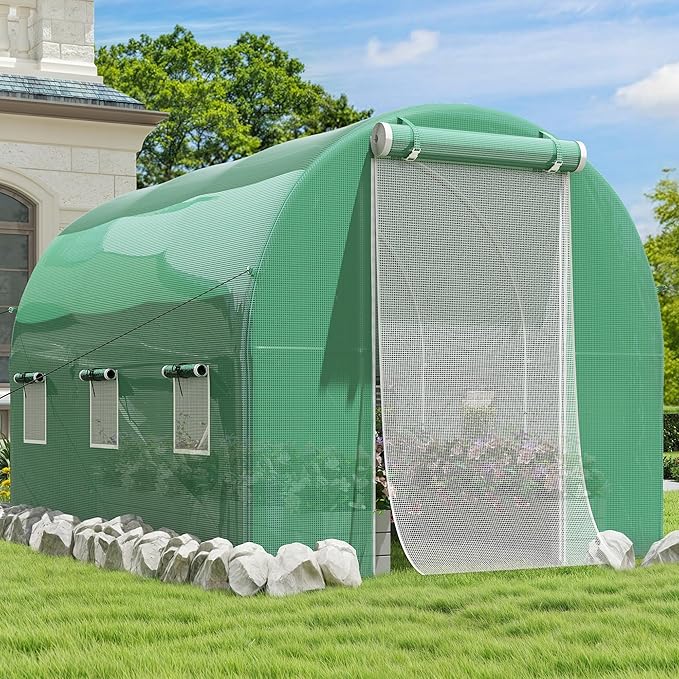 DWVO 10x6.5x6.5ft Greenhouse Large Walk-in Green House Tunnel Greenhouses Outdoor Portable Plant Gardening Upgraded Galvanized Steel Frame Zipper Doors 5 Crossbars Garden Green