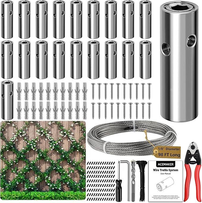 Wire Trellis for Climbing Plants Outdoor 20-Set Wall Wire Trellis Kit with 1/8in x 98ft Stainless Steel Cable &amp Cutter T316 Cylindrical Espalier System for Fence and Garden DIY Projects