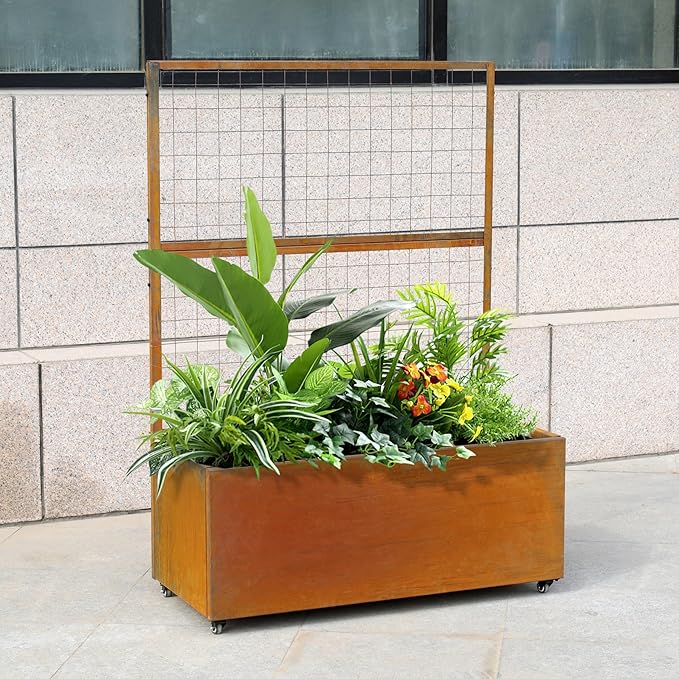 Metal Rolling Planter Box with Lattice Trellis Modern Steel Planter Box Trellis Corten Trough Planter with Casters 66” x 46” x 21” (Rustic)