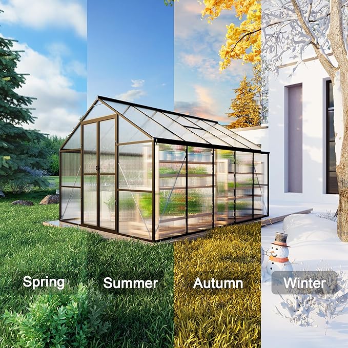 8X10 FT Greenhouses for Outdoors Aluminum Large Polycarbonate Greenhouse Quick Setup Walk in Green House with Roof Vent and Swing Lockable Door for Outside Black (119 W x 96 D x 77 H)