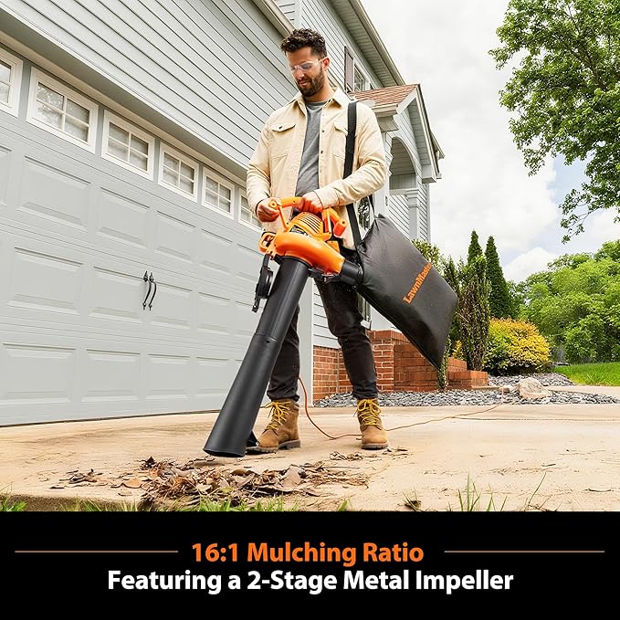 LawnMaster BV1210 Electric Blower Vacuum Mulcher 12 Amp 2-Speed Adjustment with Metal Impeller 240 MPH 380 CFM 16:1 Mulch Ratio with Collection Bag