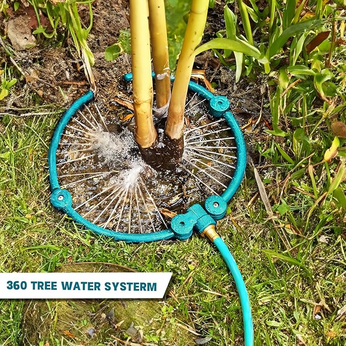 4 Pcs 360° Tree Water System Tree Root Watering Ring 13 Inch Circle Sprinkler Irrigation Slow Release Targeted Water with Y Hose Splitter for New Tree Outdoor Plants Raised Garden Beds (Green Small)