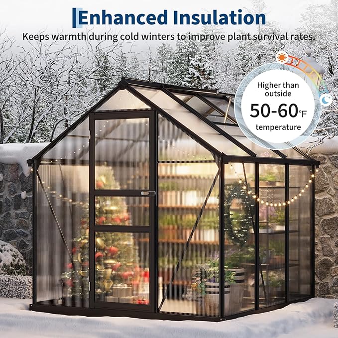 6x6 FT Outdoor Greenhouse - Walk-in Aluminum Frame with Lockable Hinged Door Adjustable Roof Vent Rain Gutter - Ideal for Backyard Patio Lawn Garden - Hinged Door