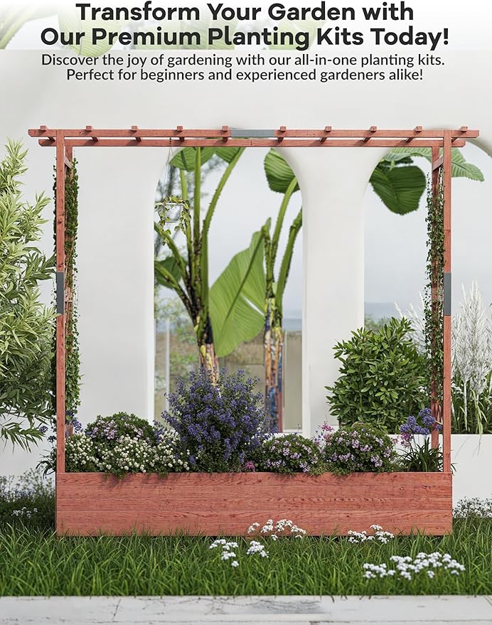 Large Raised Wooden Planter with Arch &amp Side Trellis – Freestanding Garden Bed for Climbing Plants Vines &amp Flowers – Hanging Roof 4 Drainage Holes – Outdoor Patio Planter – Size: