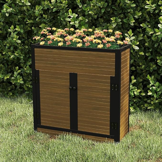 mondaria Raised Bed Garden Cabinet with Extra Storage Compartments Composite Planter Stand Box (Brown)