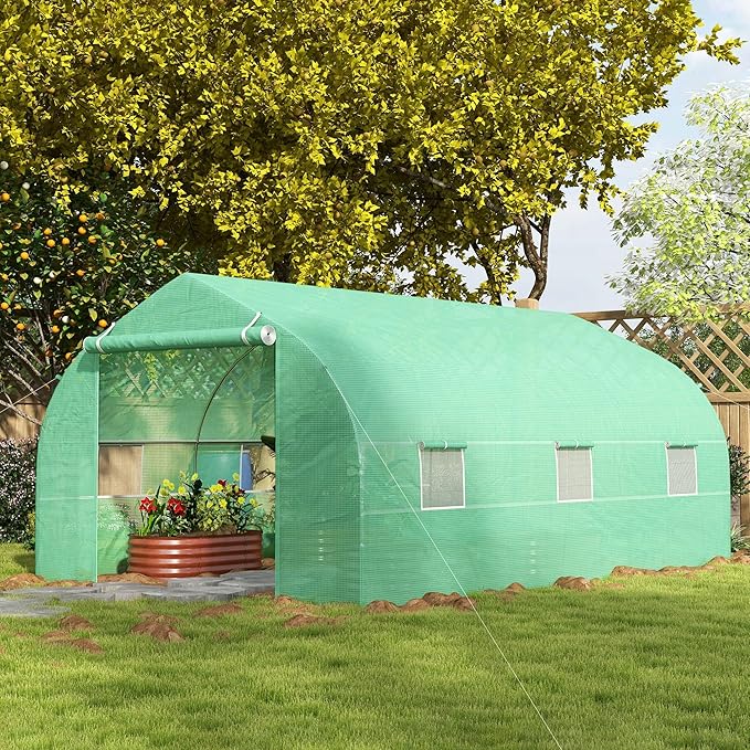 Outsunny 11.5' x 10' x 6.5' Outdoor Walk-in Greenhouse Tunnel Green House with Roll-up Windows Zippered Door PE Cover Heavy Duty Steel Frame Green