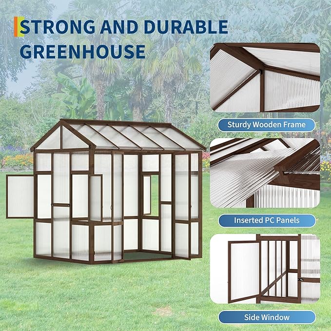 6x8 ft Wooden Greenhouse for Outdoor - Heavy Duty Walk-in Green House Kit with 6 mm PolycarbonateVentilated Window &amp Lockable Door for BackyardPatioLawn