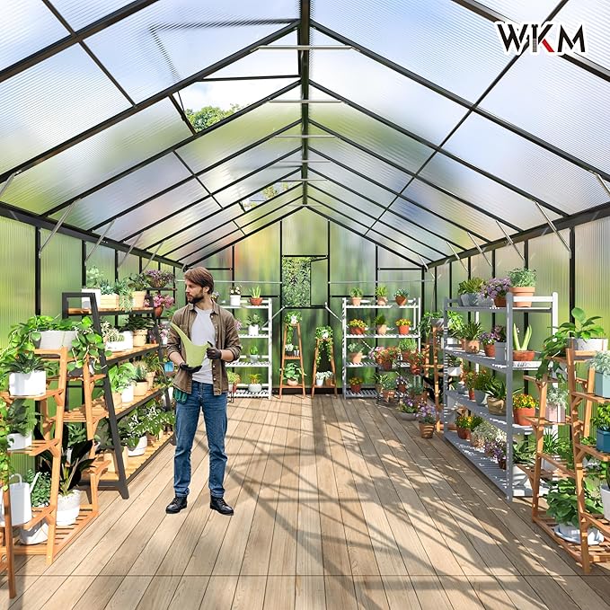 WKM 10x18 FT Greenhouse for Outdoors Walk-in Polycarbonate Greenhouse with Quick Setup Structure and Roof Vent Heavy Duty Green House for Outside Garden Backyard Black