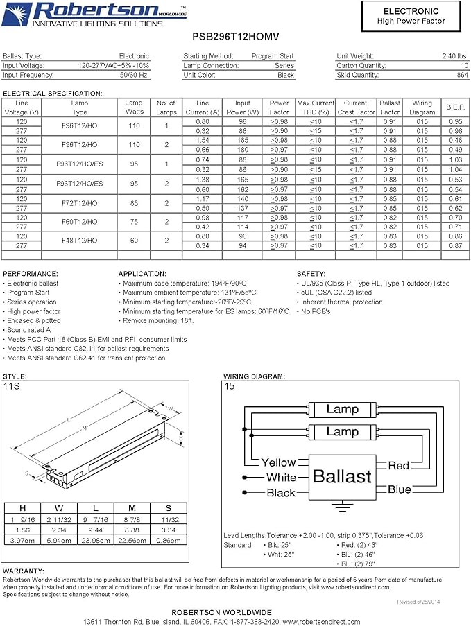 Robertson PSB296T12HOMV Ballast (3P20159) – 1 or 2 Lamp Fluorescent Electronic Ballast 120–277V Programmed Start for T12 HO Fluorescent Lamps between 60W-110W (F48T12/HO thru F96T12/HO) (Qty 1 ea)
