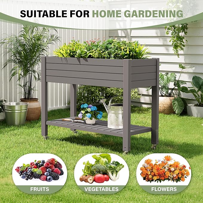 Raised Garden Bed with Wheels Divisible Resin Planter Box with Drainage Gauge &amp Storage Shelf Herb Planter for Garden Patio Backyard Gray (33.7 h)