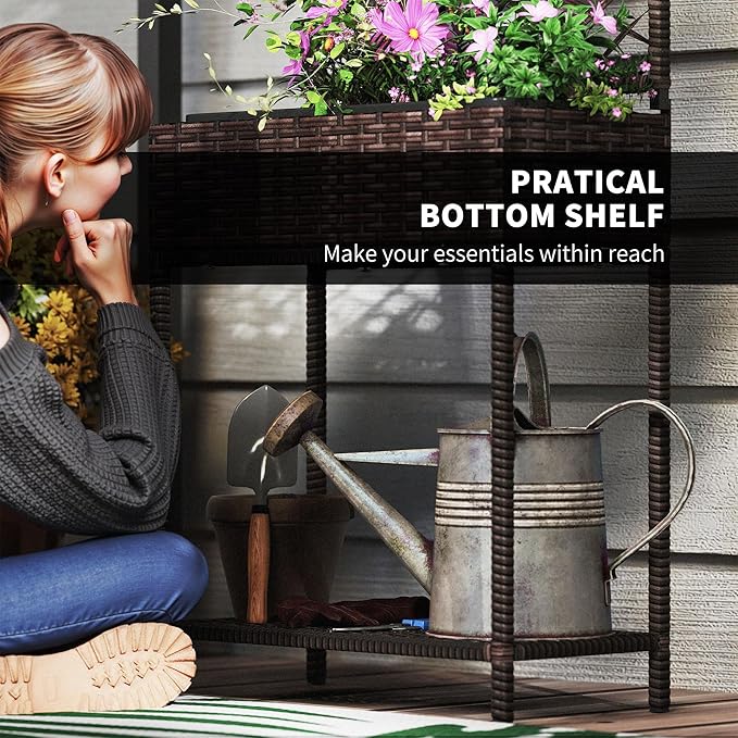 Freestanding Rattan GBoxOutdoor Wicker Planter with for Climbing Plantswith Storage Shelf