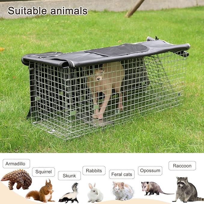 Live Animal Trap Cage with Cover Cat Trap for Stray Cats 32 Inch Heavy Duty Folding Skunk Traps with Real Door for Raccoons Opossums Groundhogs Skunks Feral Cats Squirrels-(32 x 10 x 12 inches)