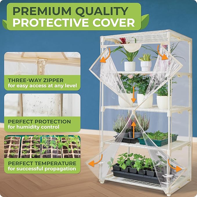 Carpathen Indoor Greenhouse with Grow Lights - 4 Tiers 27.2L x 19.3W x 54H with 4 Dimmable 15W Full Spectrum LED Light Strips and 2 Gooseneck Clip-on Plant Lamp - Mini Greenhouse with Zip PVC Cover