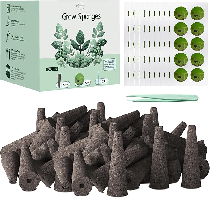 100 Pack Hydroponics Grow Sponges - Replacement Root Growth Sponge Seed Pods for Hydroponic Garden Indoor Growing System Seed Starter Sponges Pod Kit with 100 Labels and 1 Tweezers