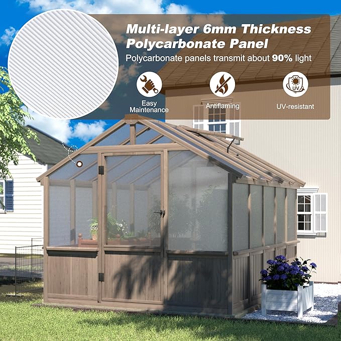 VEIKOU 8x10FT Greenhouses for Outdoors Walk-in Wooden Greenhouse with Cedar Frame &amp Adjustable Vent Garden Green House with 6MM Thick Polycarbonate Panel for Outside Backyard Light Brown Mocha
