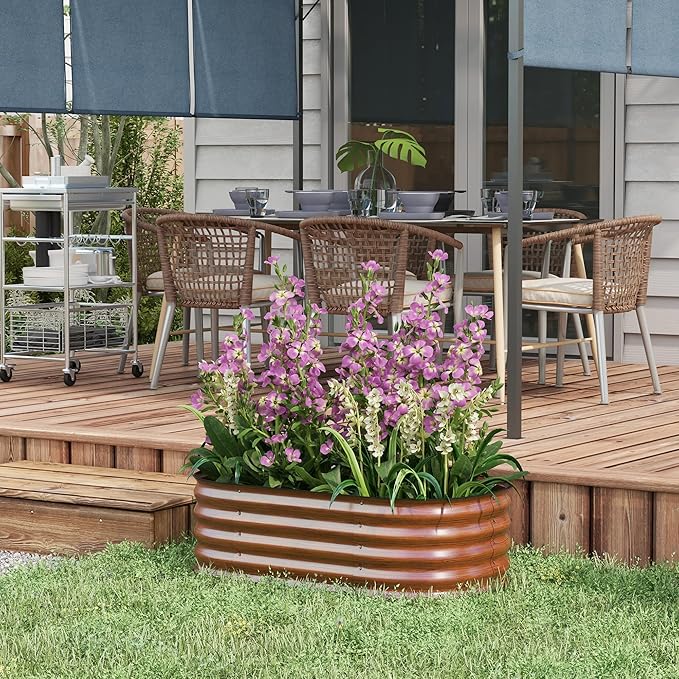 3.5' x 2' x 1' Galvanized Raised Garden Bed Kit Outdoor Metal Elevated Planter Box with Safety Edging Easy DIY Stock Tank for Growing Flowers Herbs Vegetables Brown